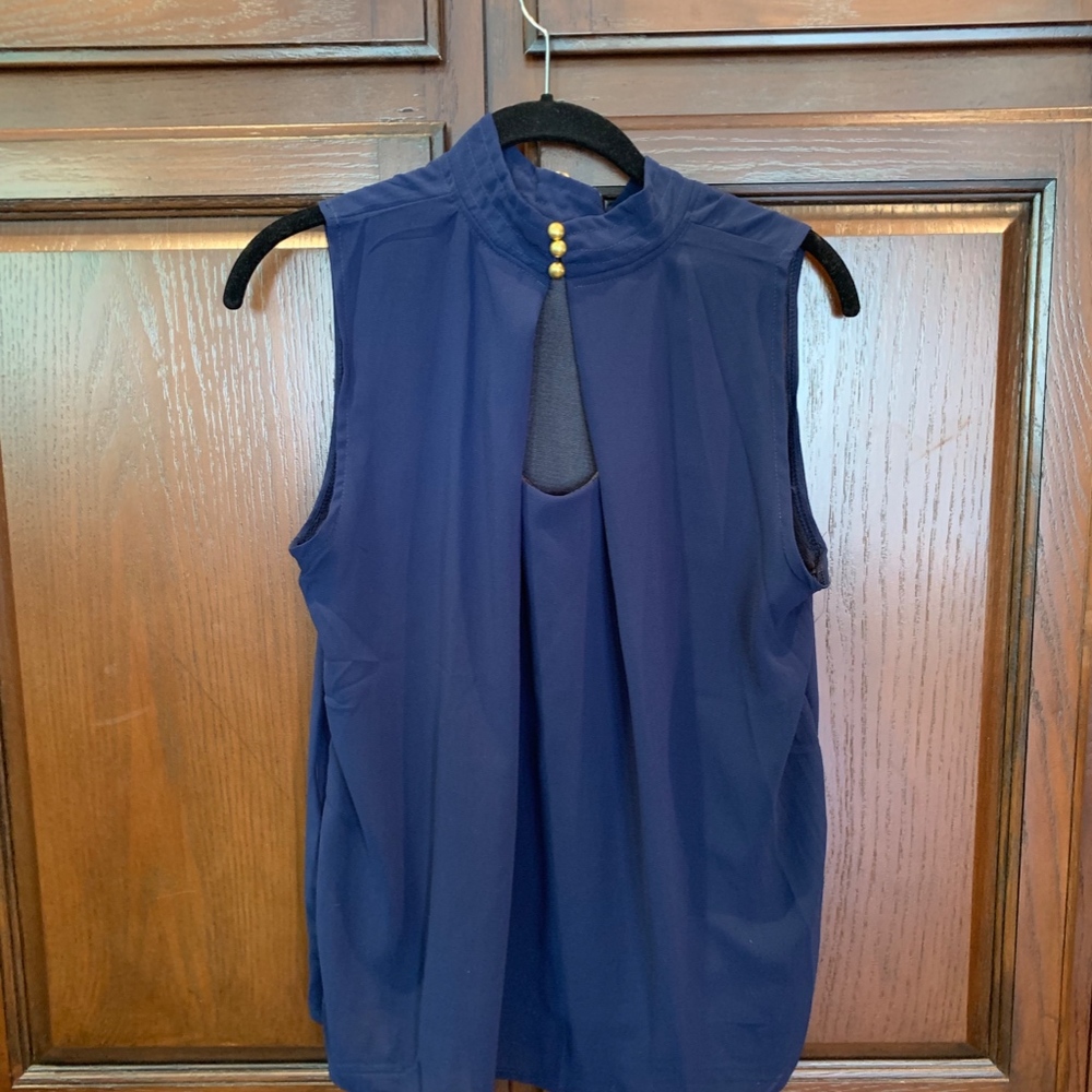 Blue Pleated Sheer Button Blouse Sz M - Picture 2 of 4